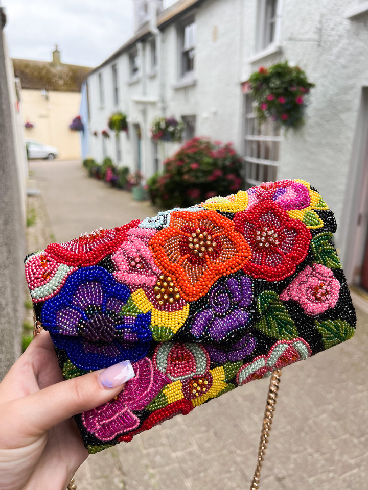 バッグ flower jacquard clutch bag Embroidered Pink Floral Clutch Bag with Garnets